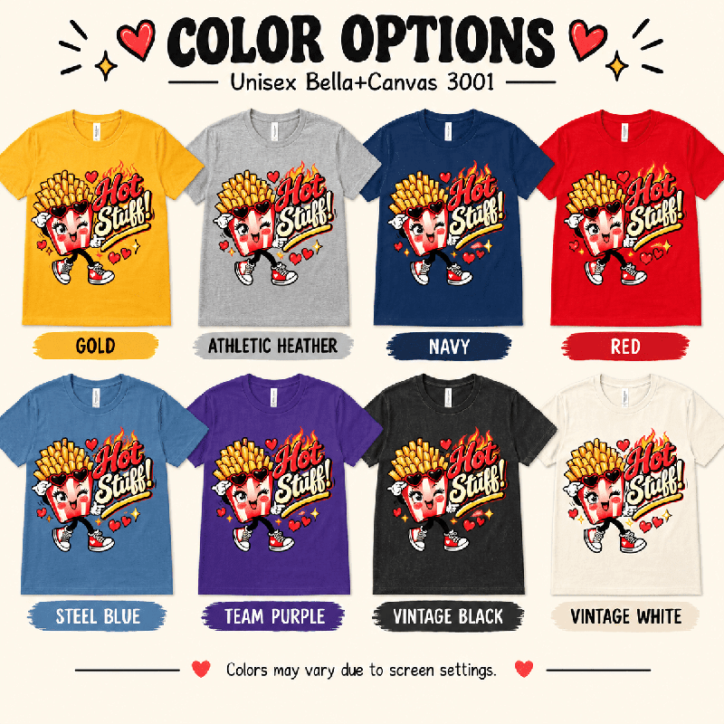 Hot Stuff Premium T-Shirt color chart: Athletic Heather, Gold, Navy, Red, Steel Blue, Team Purple, Vintage Black, Vintage White