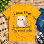 I Hate Birds Premium T-Shirt in gold, flat lay