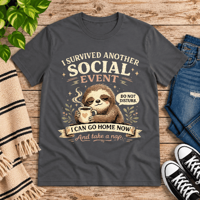 I Survived Premium T-Shirt in asphalt gray, flat lay with sleepy sloth and coffee mug graphic