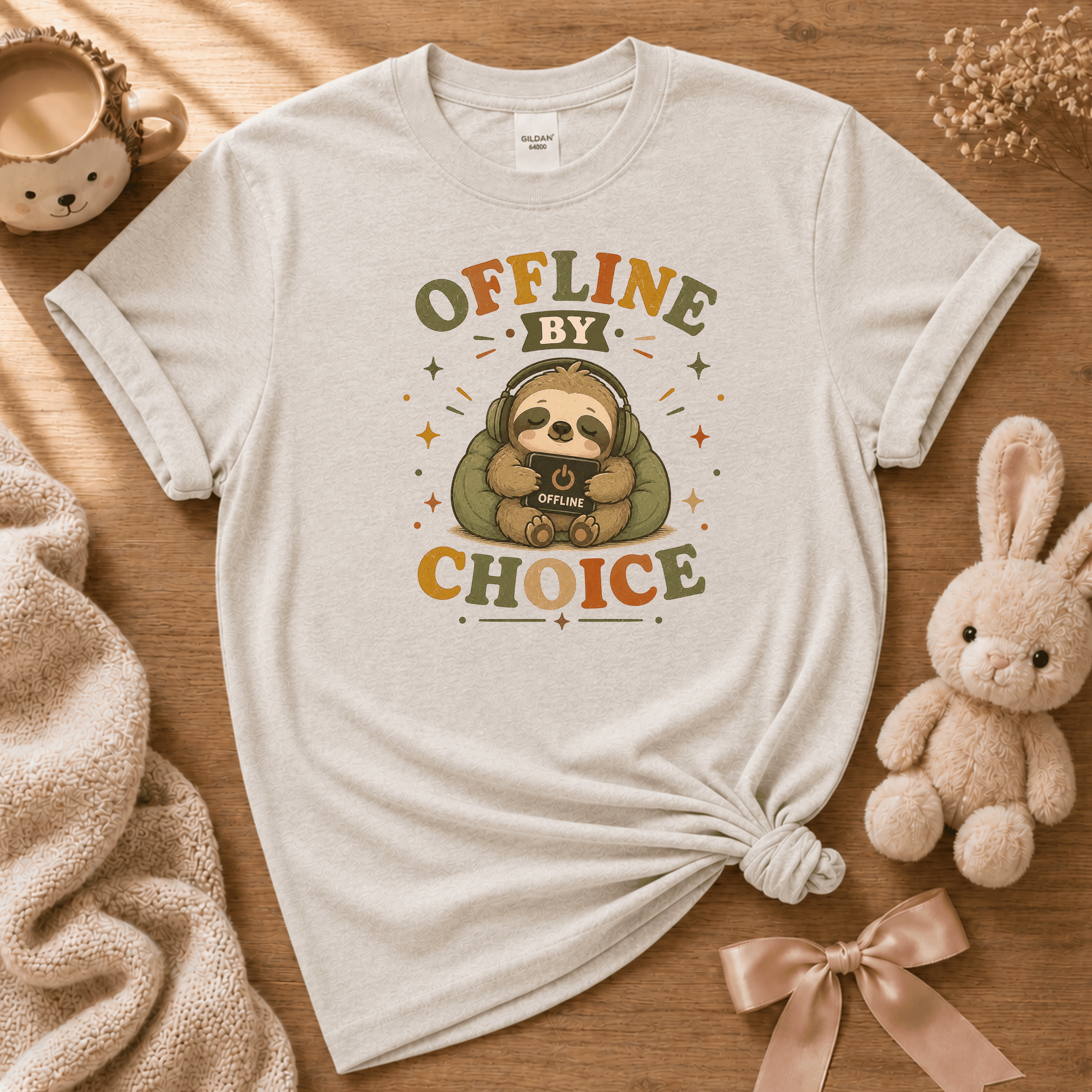 Offline By Choice cute animal graphic t-shirt cozy flat lay in ice grey.