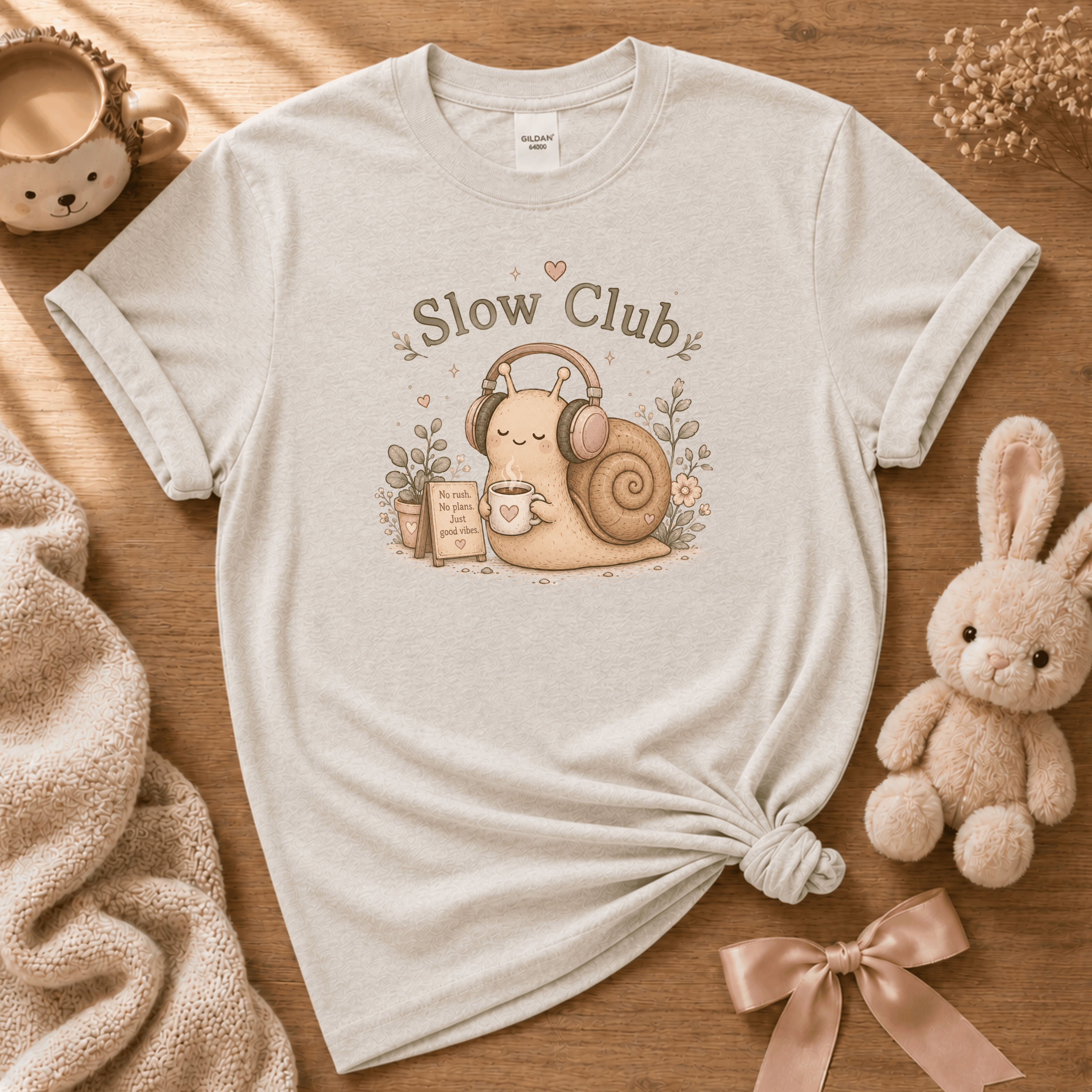 Slow Club cute animal graphic t-shirt cozy flat lay in ice grey.