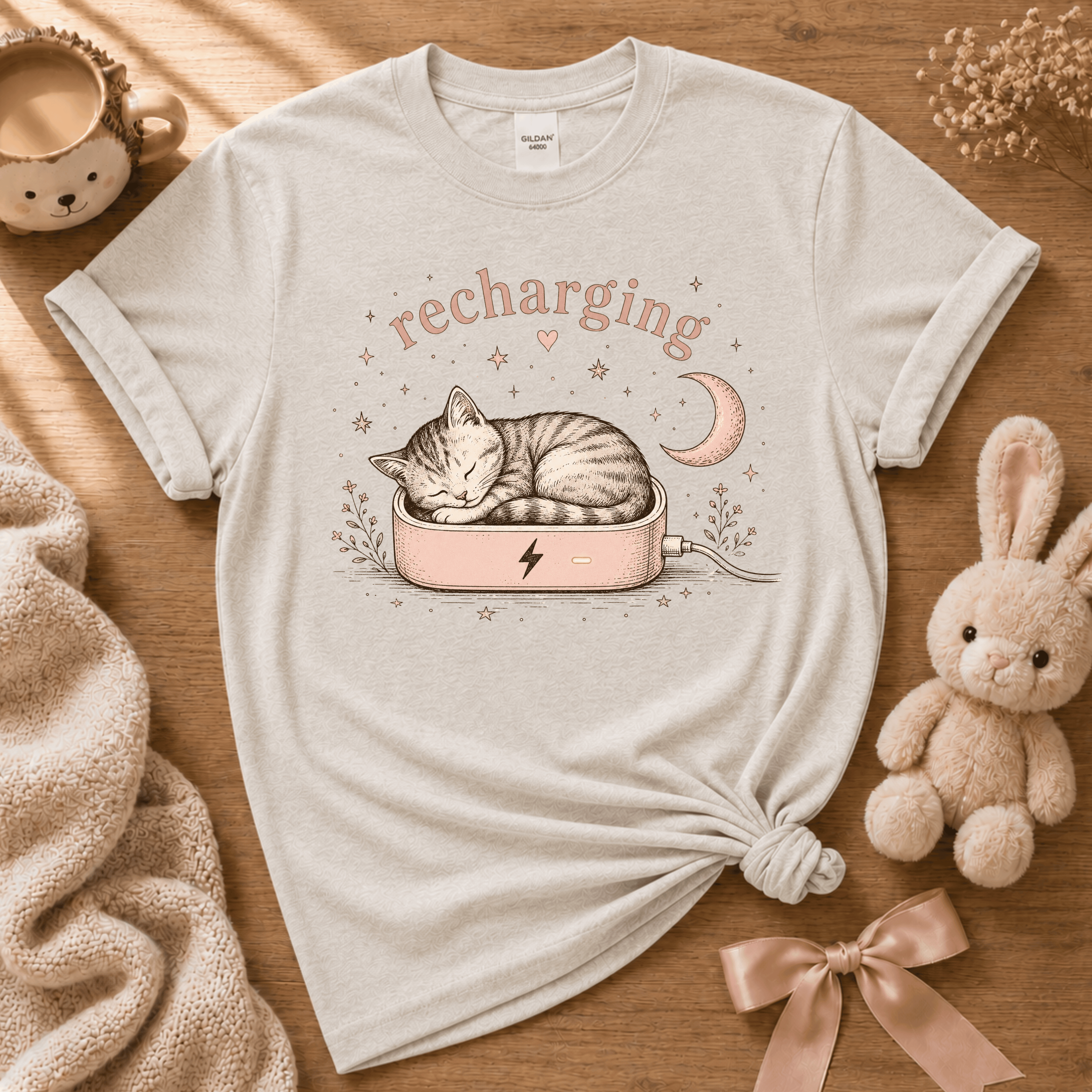 Recharging Cat | Cute Animal Graphic T-Shirt