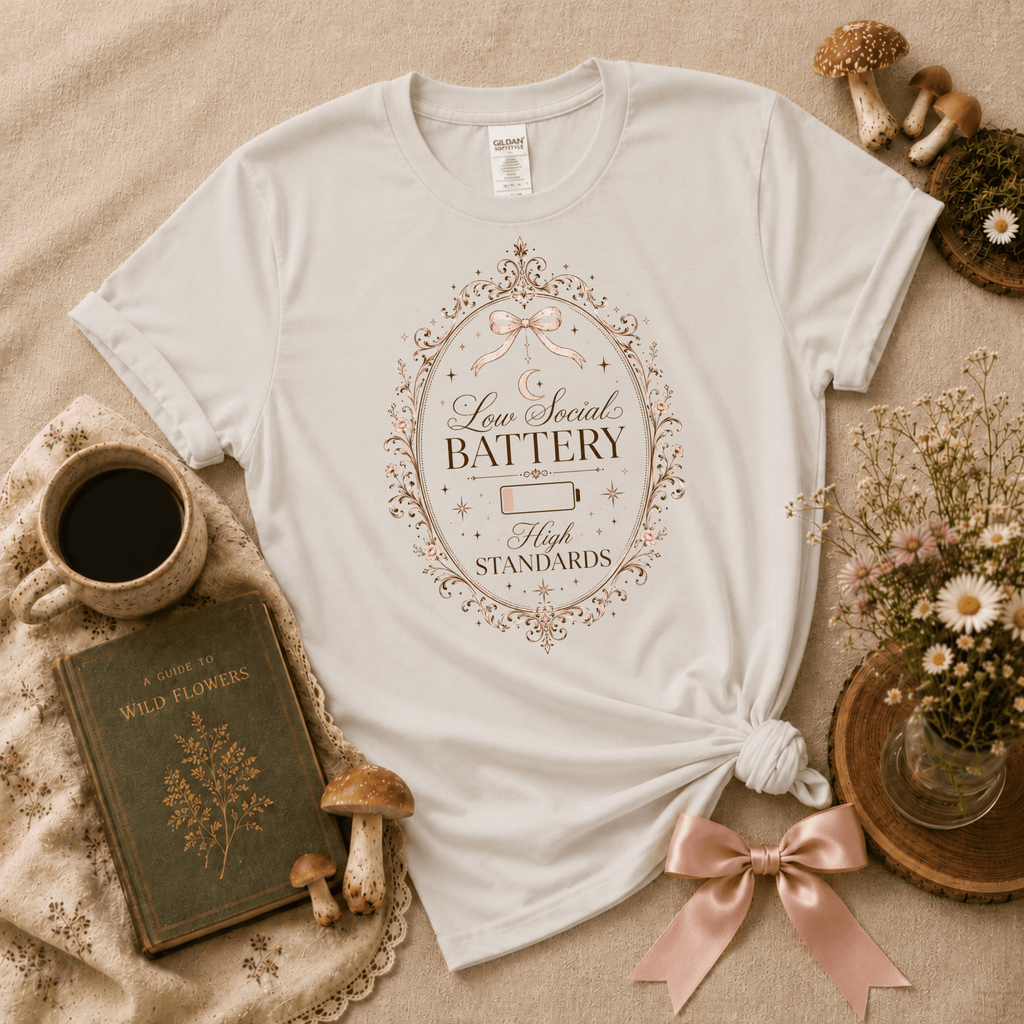High Standards introvert graphic t-shirt cozy flat lay in ice grey.