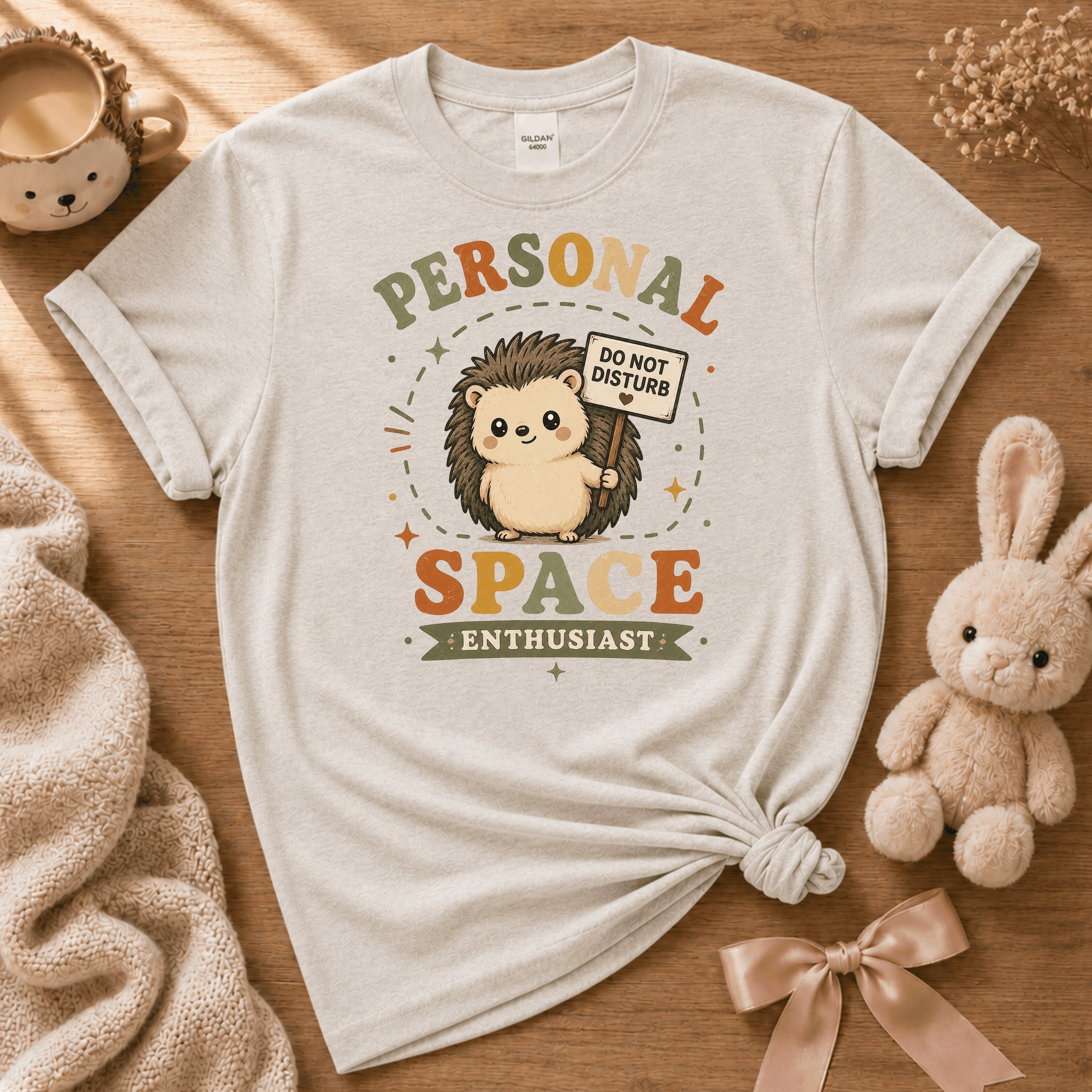 Personal Space Enthusiast cute animal graphic t-shirt displayed in a cozy flat lay in ice grey.