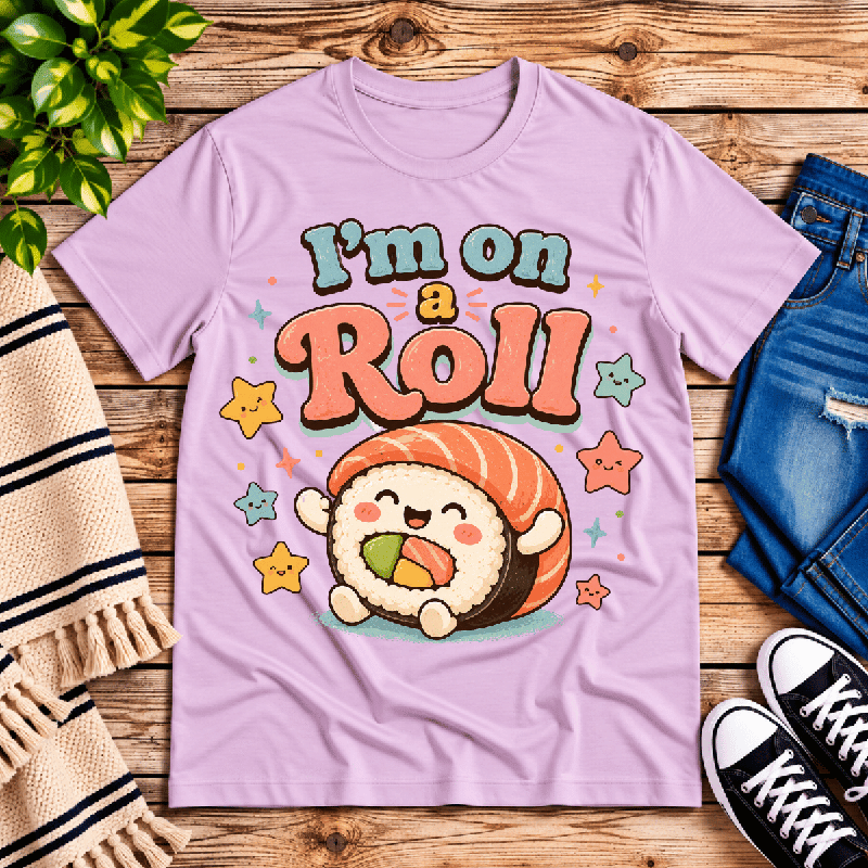 I'm On A Roll Premium T-Shirt in lilac, flat lay