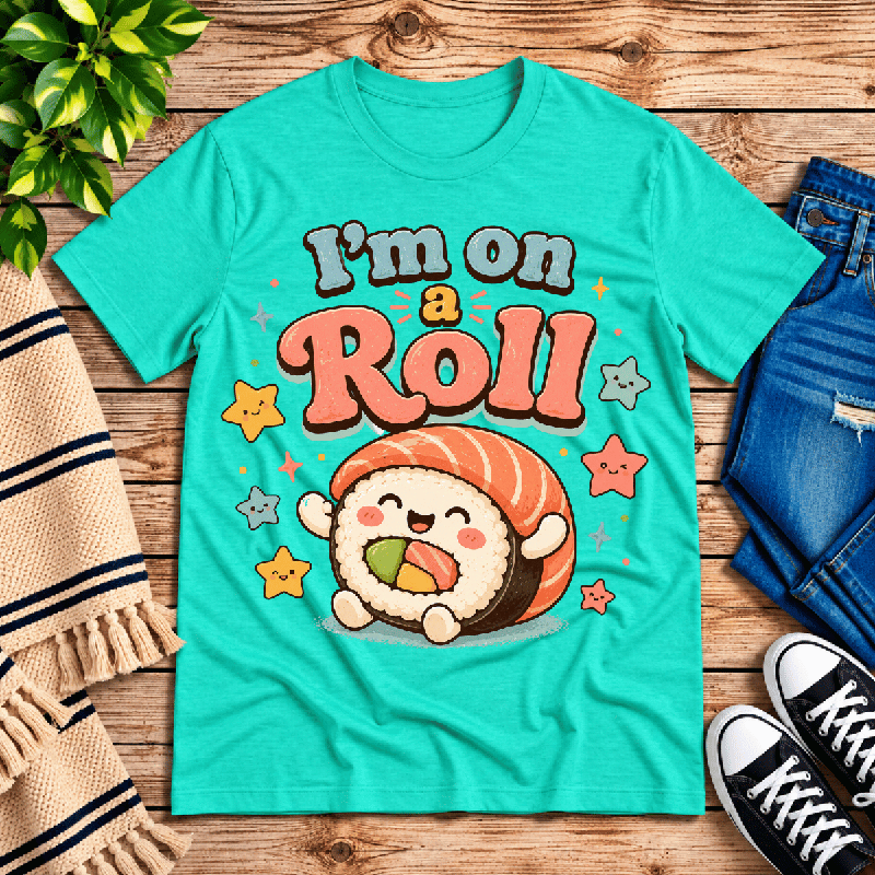I'm On A Roll Premium T-Shirt in heather sea green, flat lay