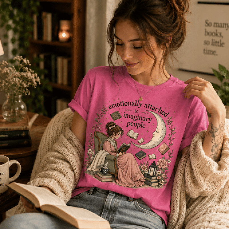 Woman reading a book indoors, wearing the Imaginary People Premium T-Shirt in charity pink