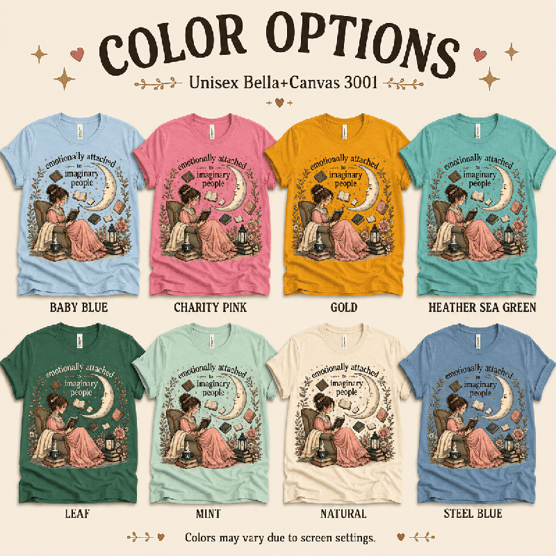 Imaginary People Premium T-Shirt color chart: Baby Blue, Charity Pink, Gold, Heather Sea Green, Leaf, Mint, Natural, Steel Blue