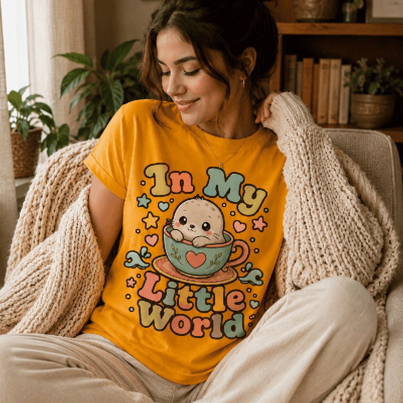 Woman seated with a knit blanket, wearing the In My Little World Premium T-Shirt in gold