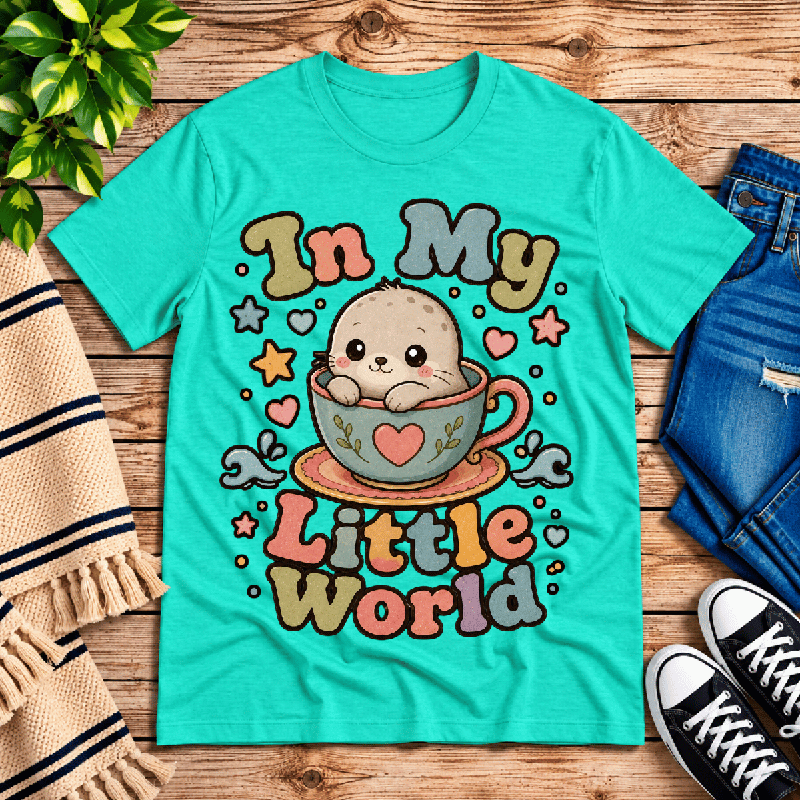 In My Little World Premium T-Shirt in heather sea green, flat lay
