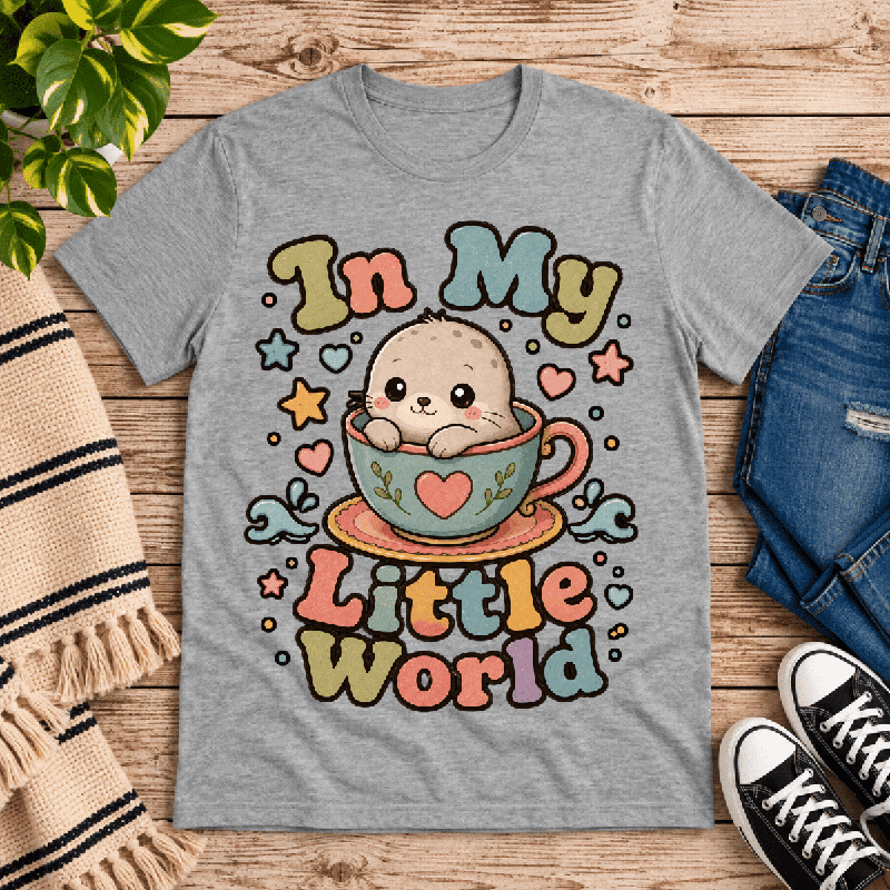 In My Little World Premium T-Shirt in athletic heather gray, flat lay