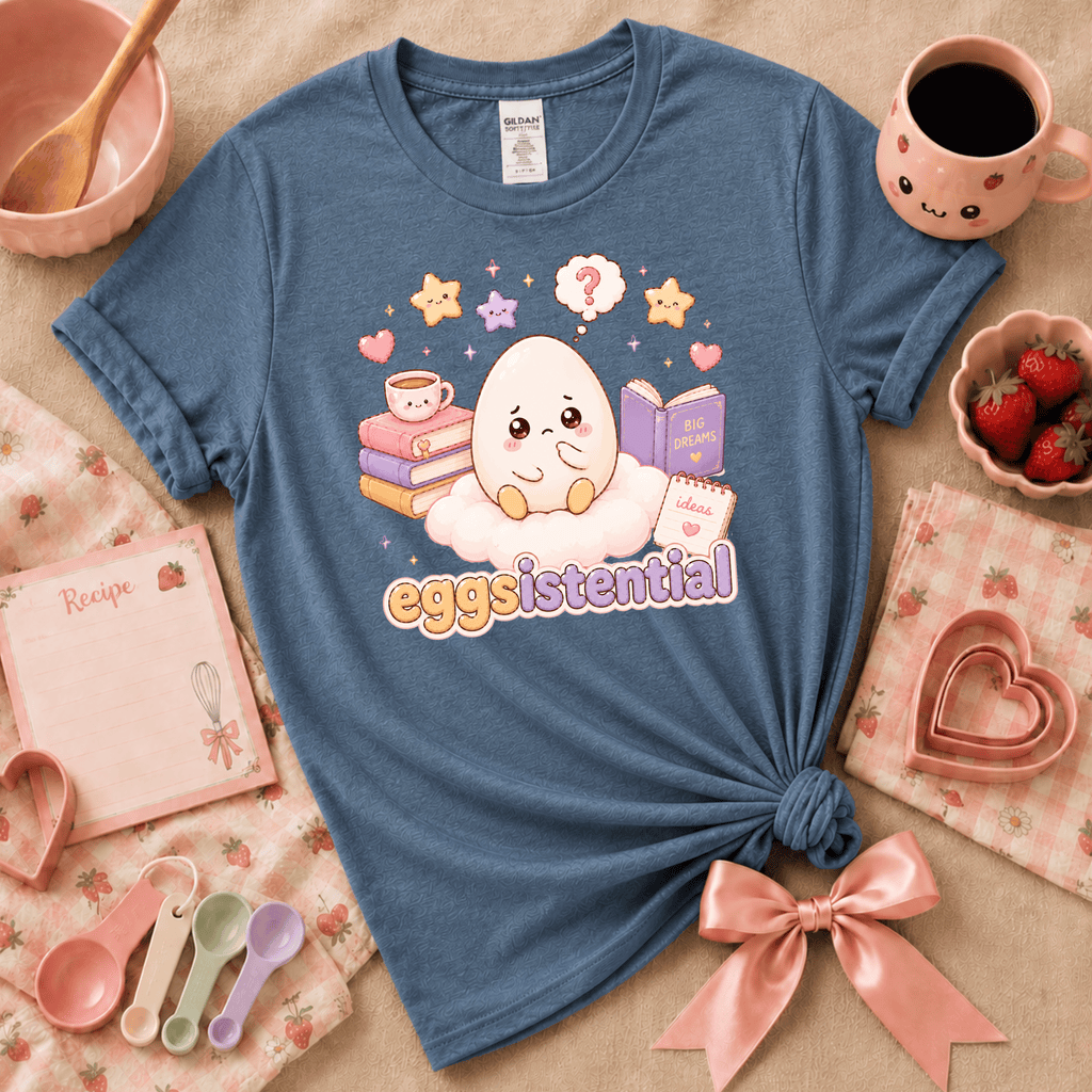 Eggsistential Kawaii graphic t-shirt cozy flat lay in indigo blue.
