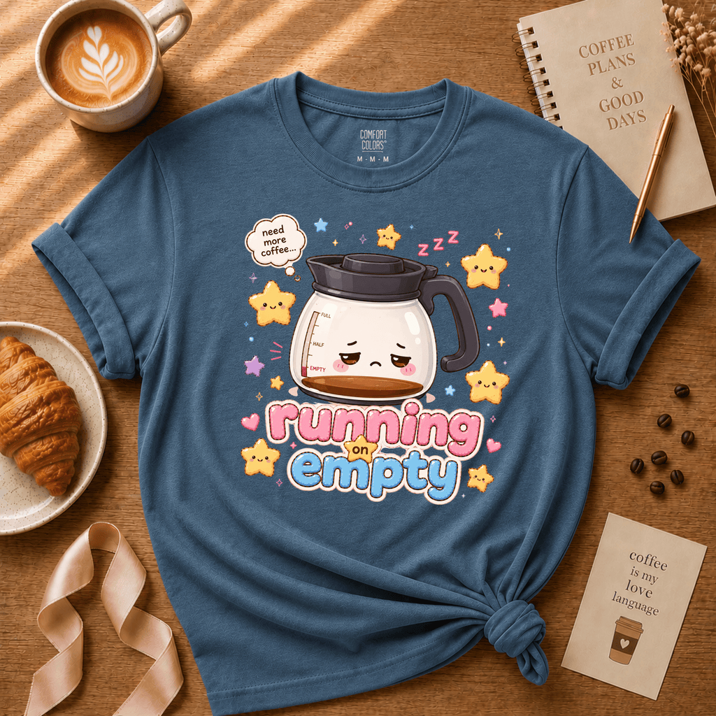Running On Empty coffee graphic t-shirt displayed in a cozy flat lay in indigo blue.