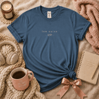 Low Noise introvert graphic t-shirt cozy flat lay in indigo blue.