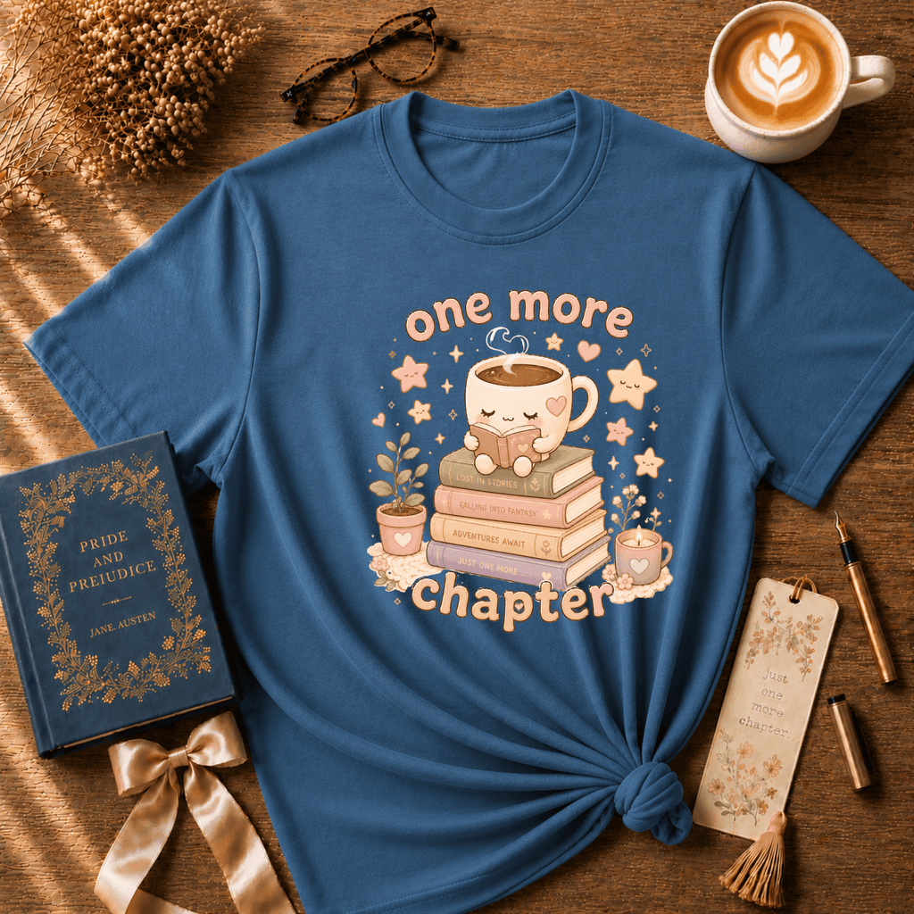 One More Chapter book lover graphic t-shirt cozy flat lay in indigo blue.