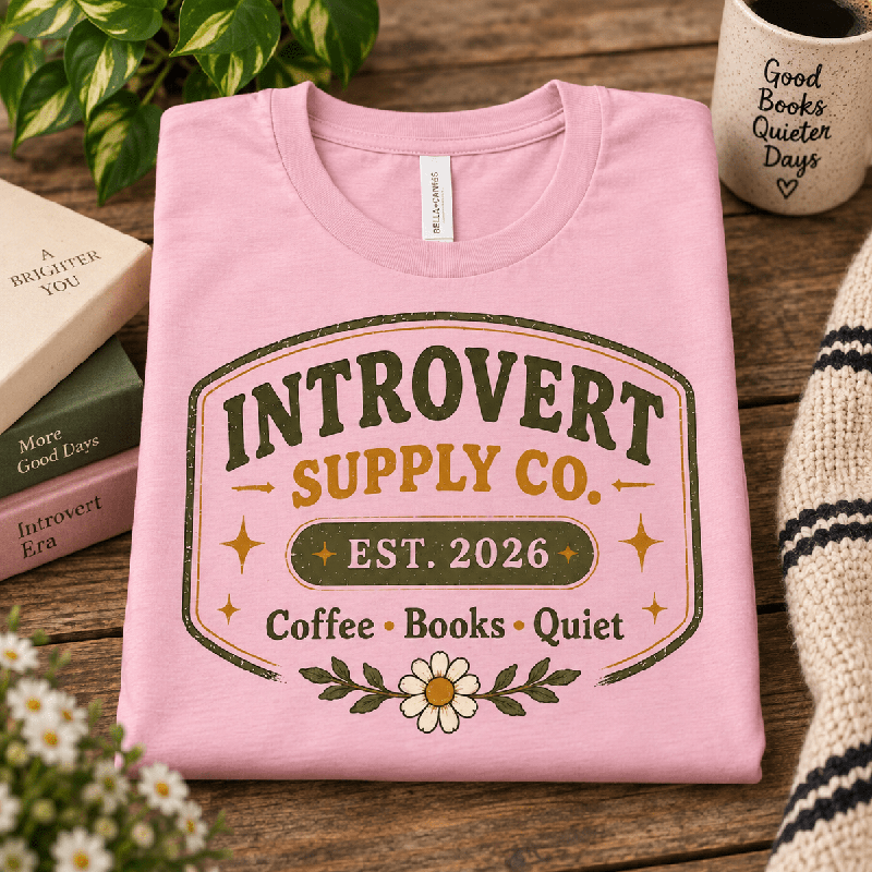 Introvert Supply Co. Premium T-Shirt in pink, folded close-up styled with books and a mug