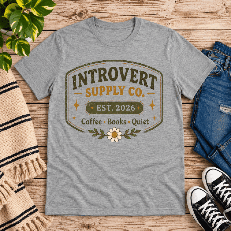 Introvert Supply Co. Premium T-Shirt in athletic heather gray, flat lay