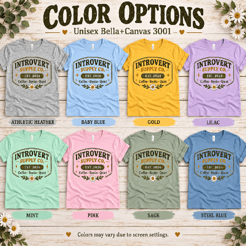 Introvert Supply Co. Premium T-Shirt color chart: Athletic Heather, Baby Blue, Gold, Lilac, Mint, Pink, Sage, Steel Blue
