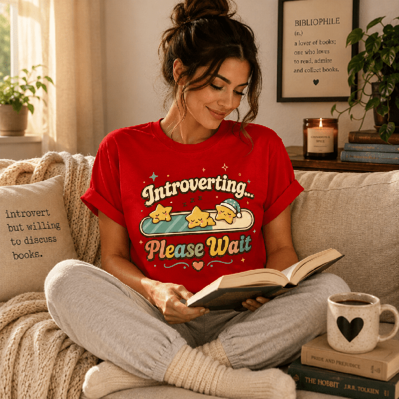 Woman reading a book on a couch, wearing the Introverting... Please Wait Premium T-Shirt in red