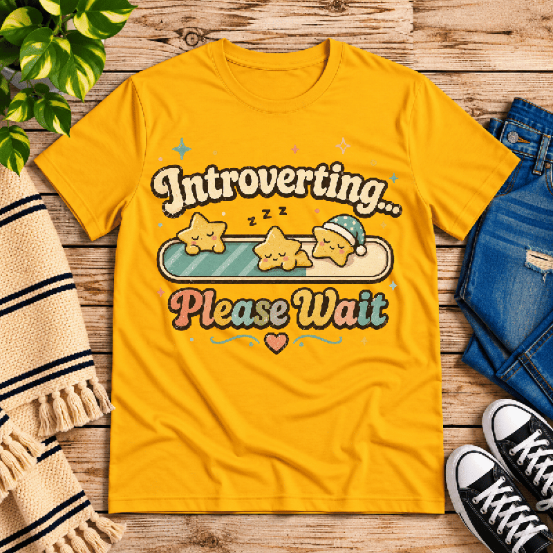 Introverting... Please Wait Premium T-Shirt in gold, flat lay