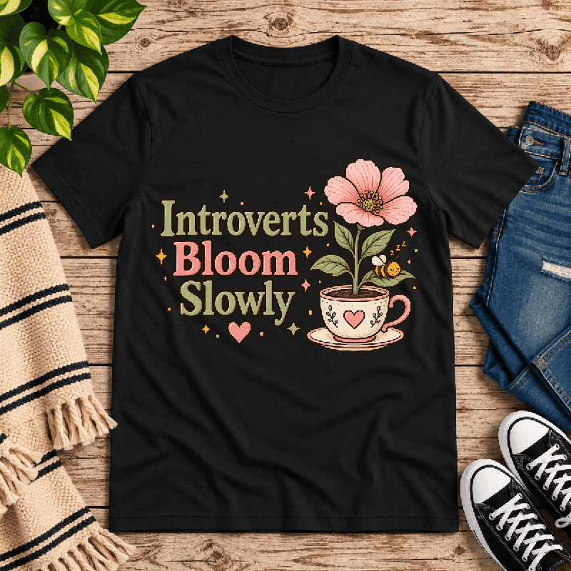 Introverts Bloom Slowly Premium T-Shirt in vintage black, flat lay