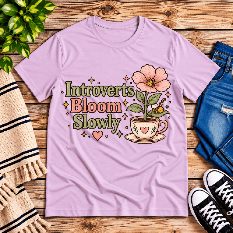 Introverts Bloom Slowly Premium T-Shirt in lilac, flat lay