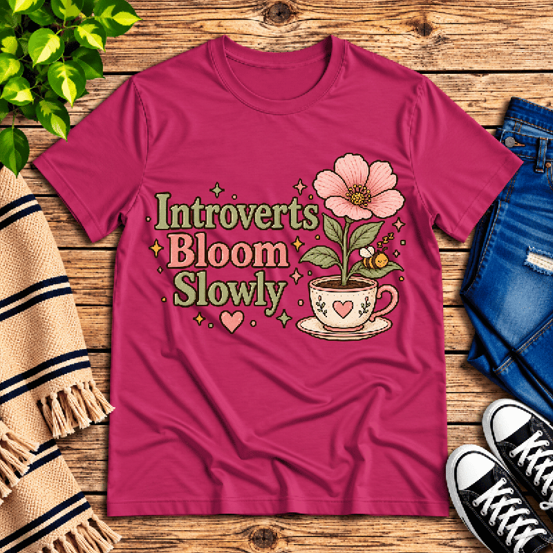 Introverts Bloom Slowly Premium T-Shirt in berry, flat lay