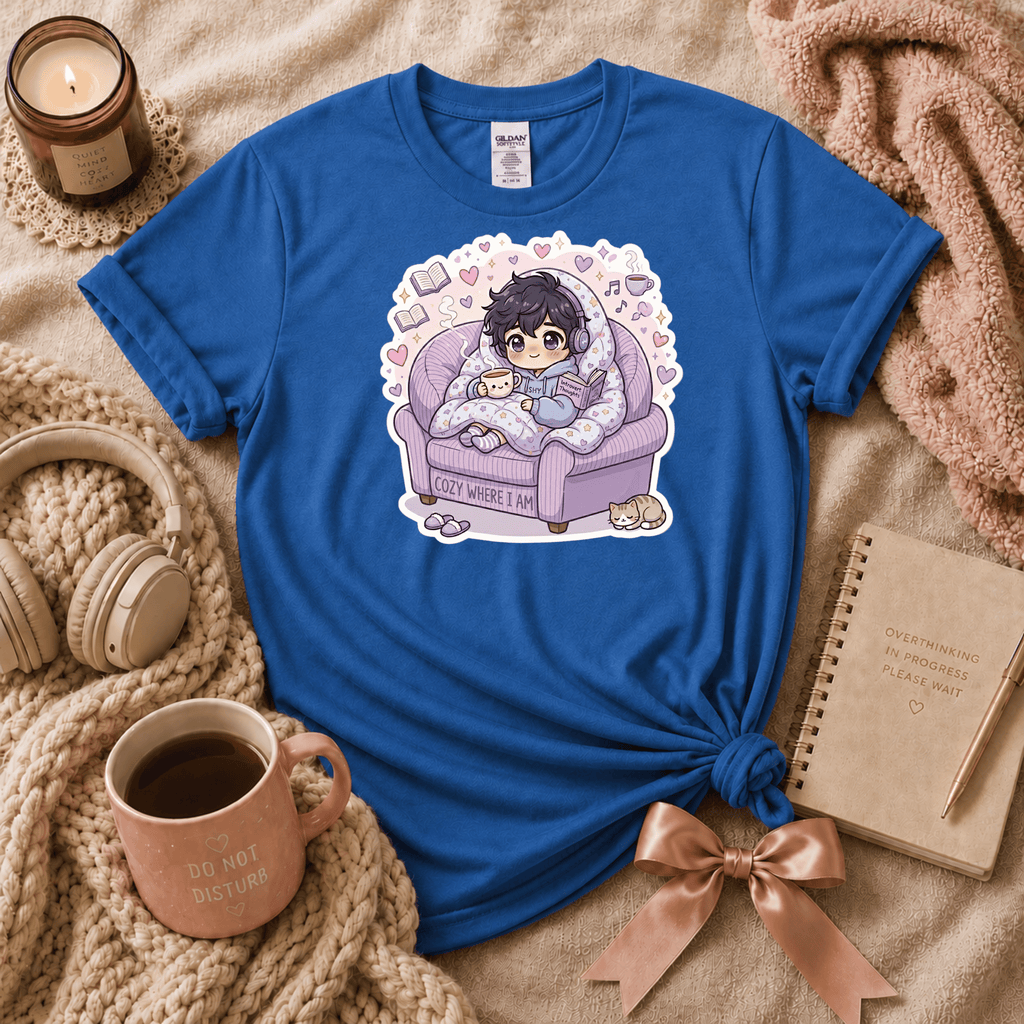 Happy Where I am Introvert graphic t-shirt cozy flat lay in iris blue.