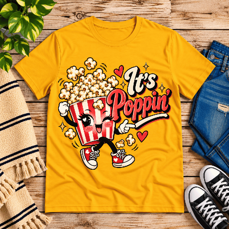 It's Poppin' Premium T-Shirt in gold, flat lay with winking cartoon popcorn character graphic