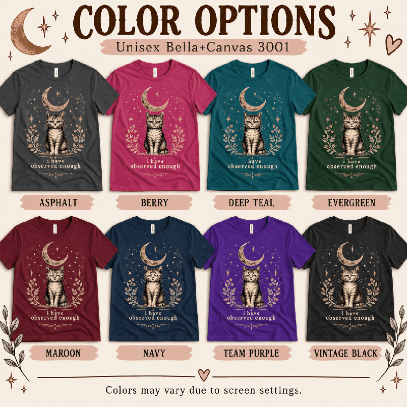 I've Observed Enough Premium T-Shirt color chart: Asphalt, Berry, Deep Teal, Evergreen, Maroon, Navy, Team Purple, Vintage Black