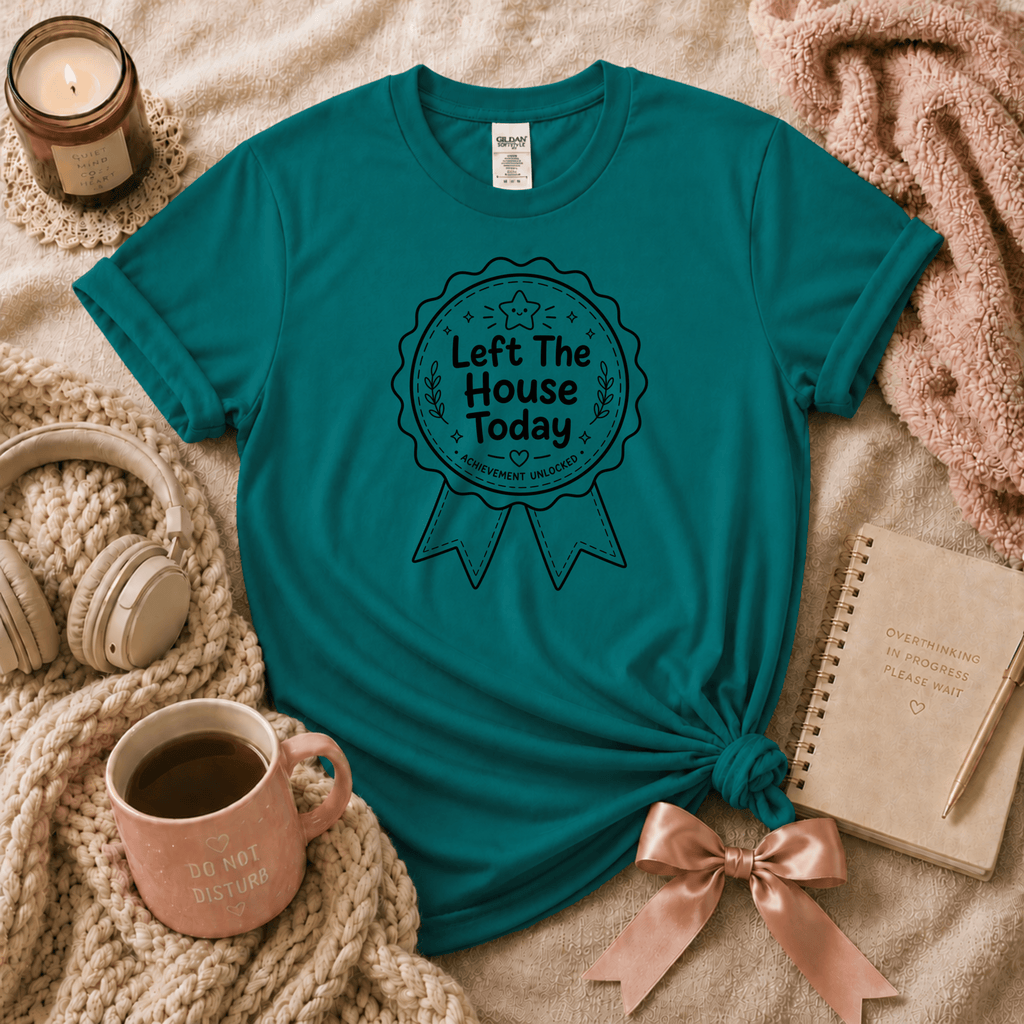 Left The House introvert graphic t-shirt cozy flat lay in jade dome.