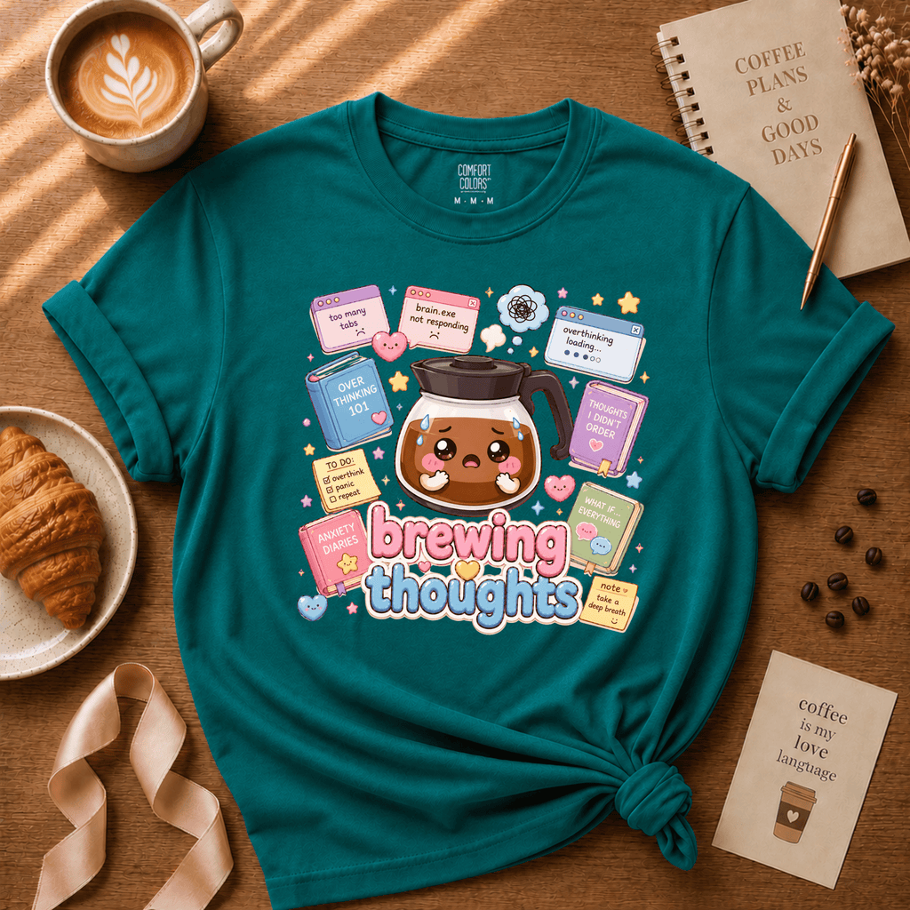 Brewing Thoughts coffee lover graphic t-shirt cozy flat lay in jade dome.