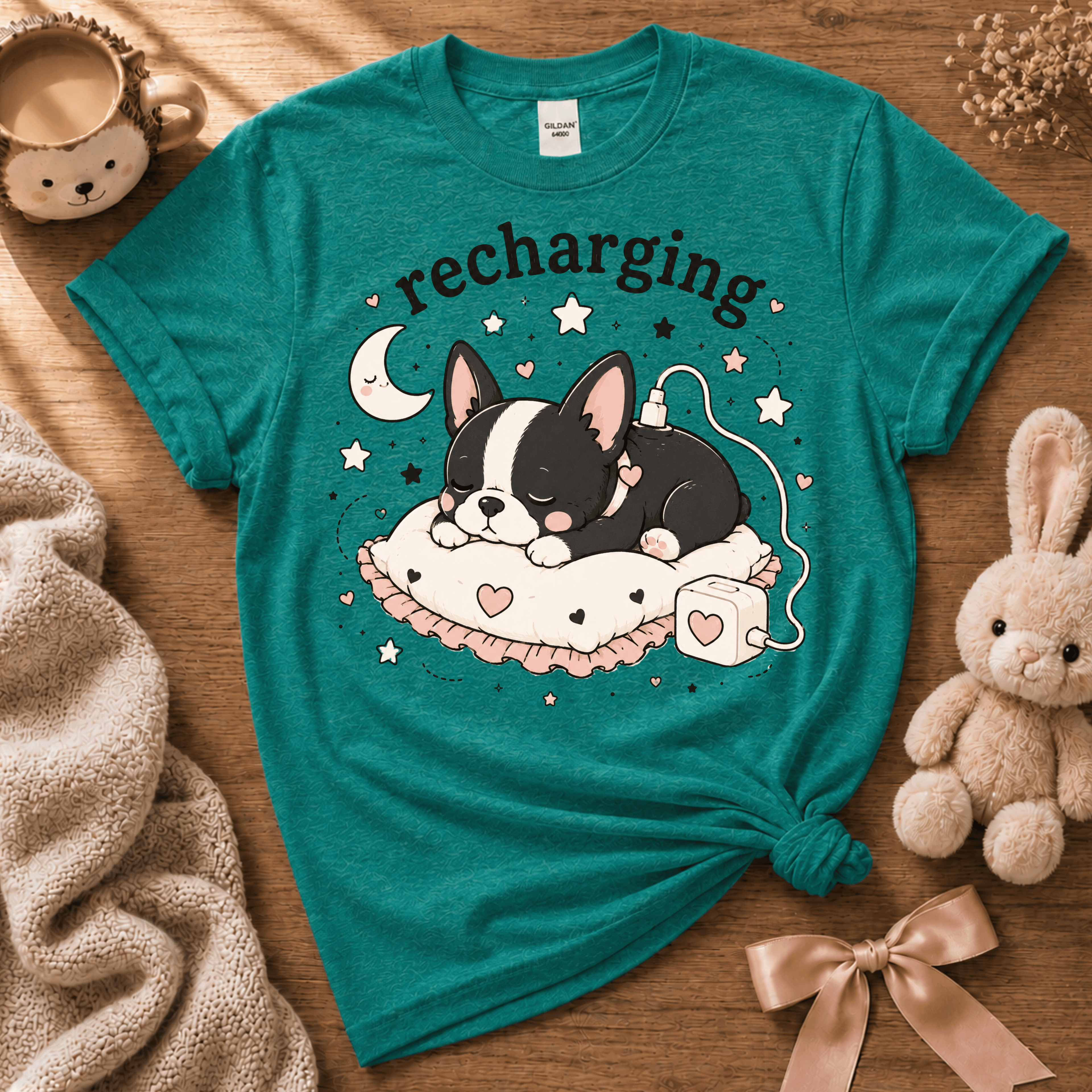 Sleeping Boston cute animal graphic t-shirt displayed in a cozy flat lay in jade dome.