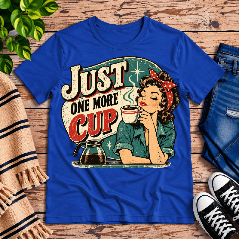 Just One More Premium T-Shirt in true royal blue, flat lay