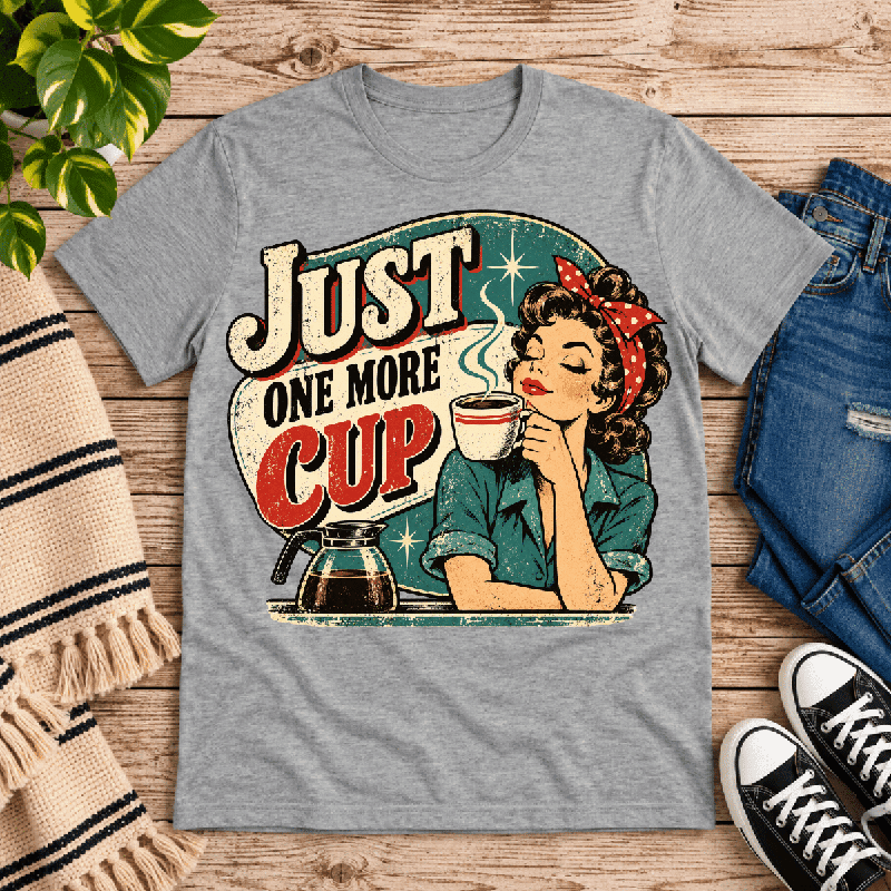 Just One More Premium T-Shirt in athletic heather gray, flat lay