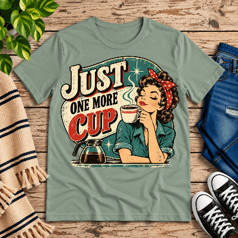 Just One More Premium T-Shirt in sage, flat lay