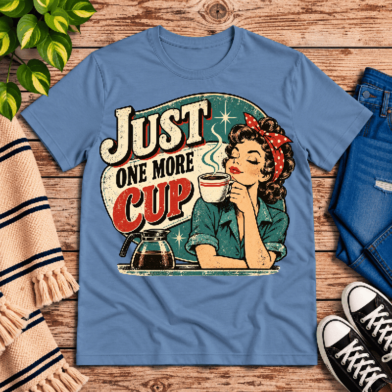 Just One More Premium T-Shirt in steel blue, flat lay