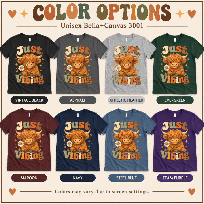 Just Vibing Cow Premium T-Shirt color chart: Vintage Black, Asphalt, Athletic Heather, Evergreen, Maroon, Navy, Steel Blue, Team Purple