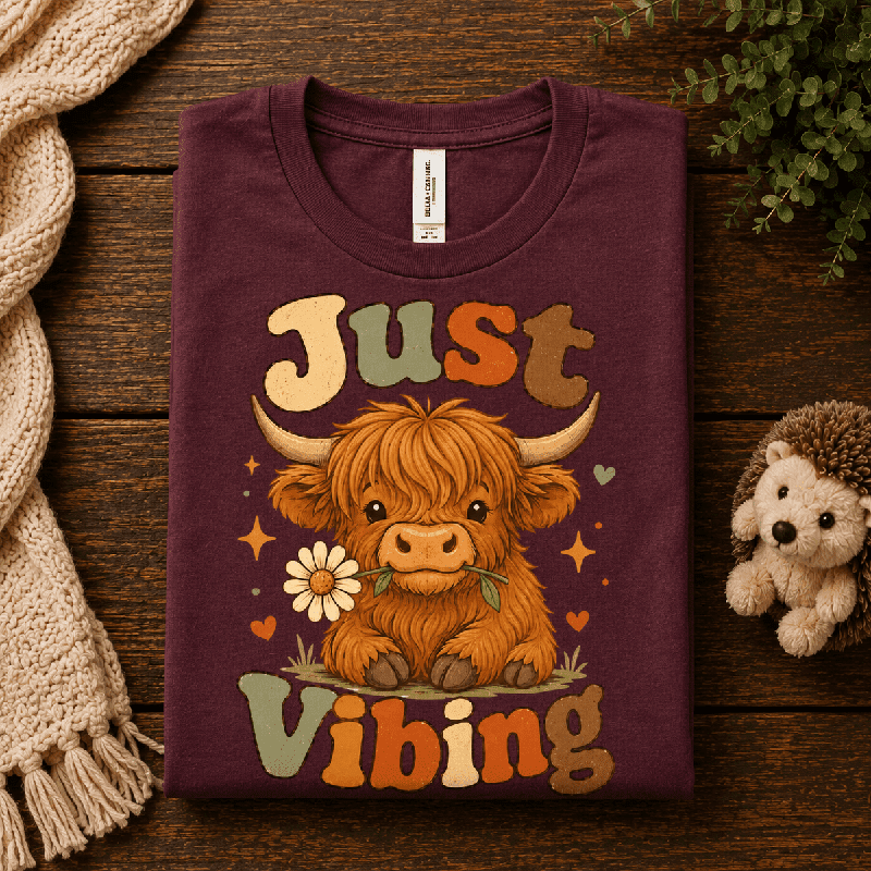Just Vibing Cow Premium T-Shirt in maroon, folded close-up with neck tag showing