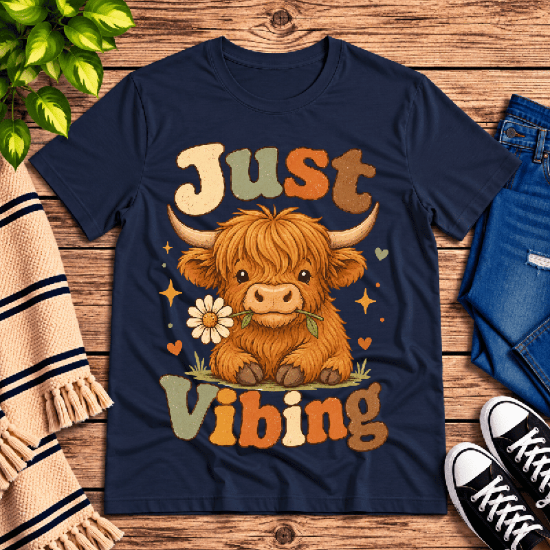 Just Vibing Cow Premium T-Shirt in navy, flat lay