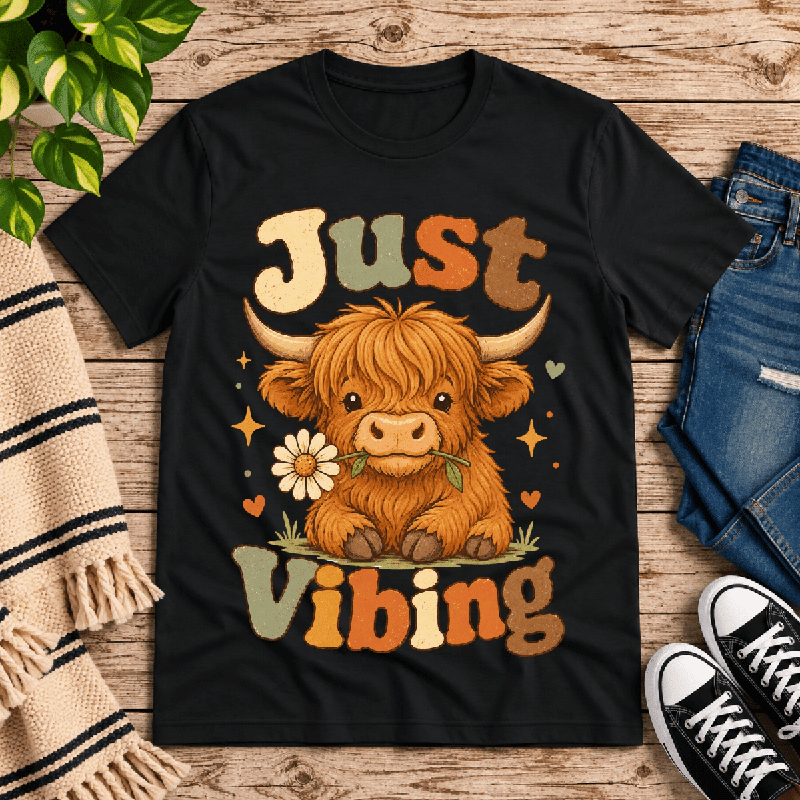 Just Vibing Cow Premium T-Shirt in vintage black, flat lay