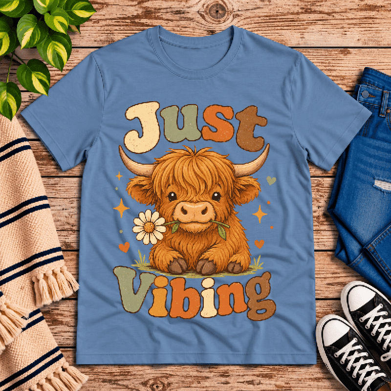 Just Vibing Cow Premium T-Shirt in steel blue, flat lay