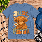 Just Vibing Cow Premium T-Shirt in steel blue, flat lay