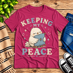 Keeping My Peace Premium T-Shirt in berry, flat lay with sleepy chick hugging a pillow graphic