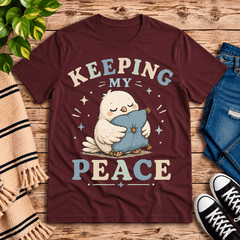 Keeping My Peace Premium T-Shirt in maroon, flat lay