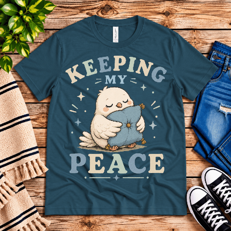 Keeping My Peace Premium T-Shirt in deep teal, flat lay with neck tag showing