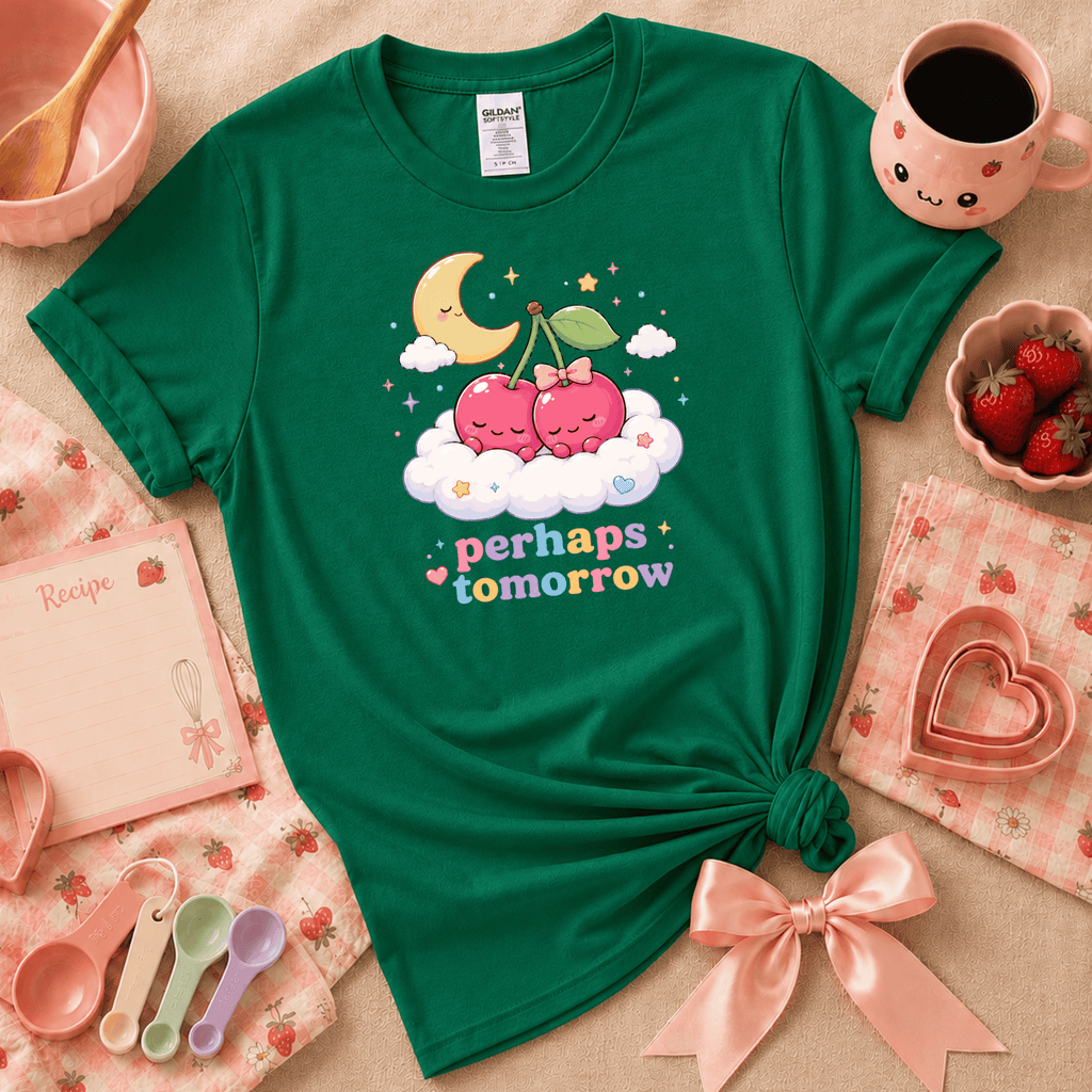 Perhaps Tomorrow cute food graphic t-shirt cozy flat lay in kelly green.