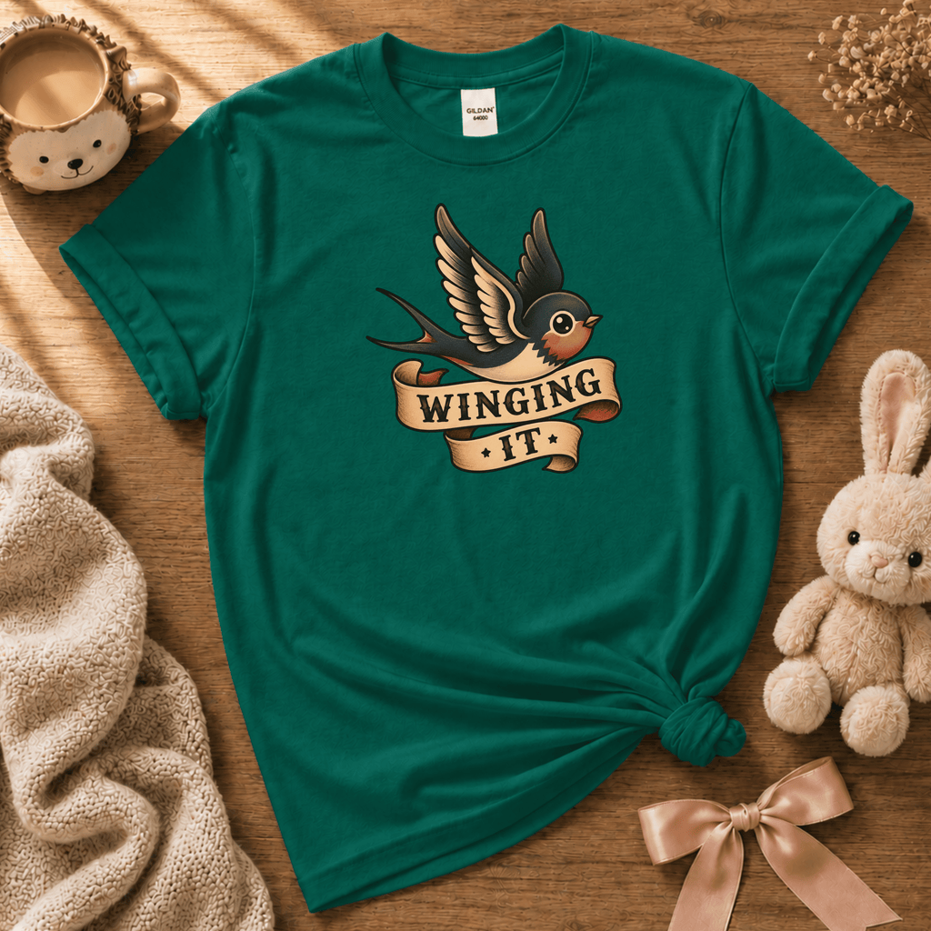 Winging it cute animal graphic t-shirt cozy flat lay in kelly green.