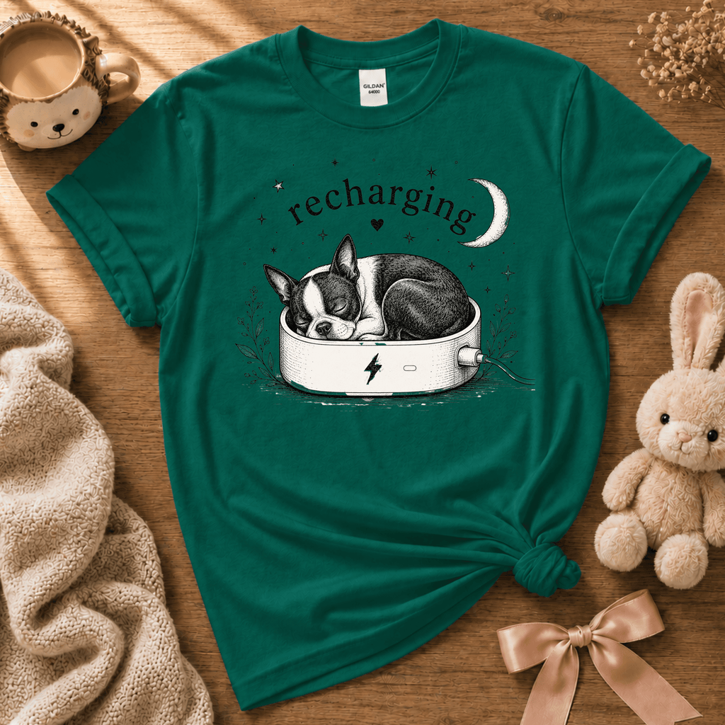 Boston Recharging cute animal graphic t-shirt displayed in a cozy flat lay in kelly green.