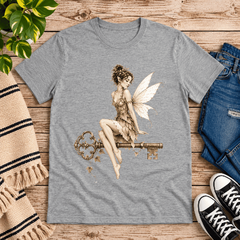Key Fairy Premium T-Shirt in athletic heather gray, flat lay with fairy perched on an ornate skeleton key graphic
